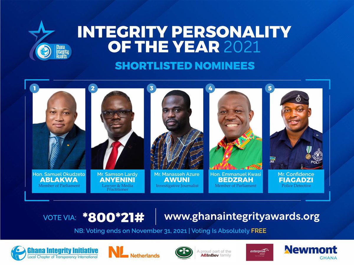 giawards_gh's tweet photo. 📣 VOTING BEGINS 📣
@GhanaIntegrity is proud to announce the shortlisted nominees for the Integrity Personality of the Year category.
Kindly head over to https://t.co/mutr9WpQlh to vote for your #MyIntegrityHero or via shortcode *800*21#
NB: Voting is absolutely *Free* https://t.co/kf89yxDTPI
