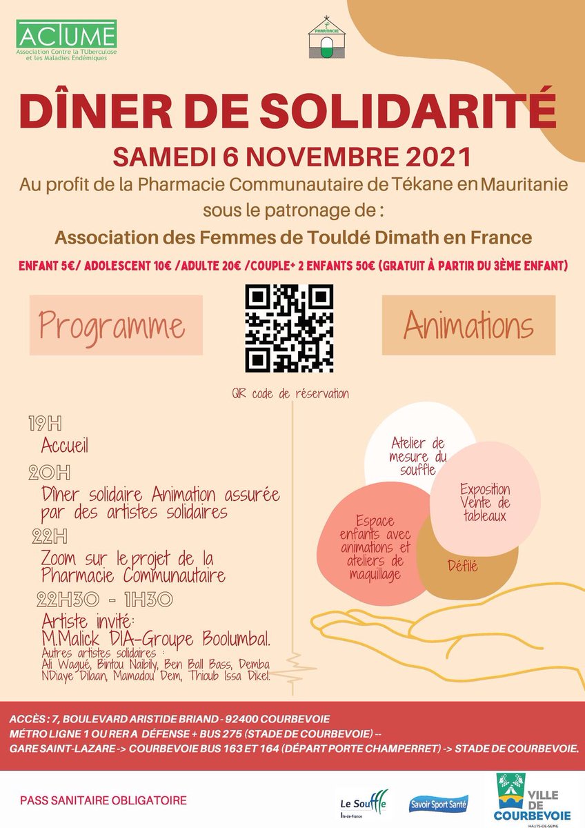 J-6- lnkd.in/dcM2e3BH 
6 nov. <a href="/VilleCourbevoie/">Ville de Courbevoie</a> Soirée de #Solidarité au profit du projet de la #pharmacie communautaire et valorisation des plantes médicinales à #Tékane en Mauritanie <a href="/FduSouffle/">Fondation du Souffle</a> <a href="/coallia/">coallia</a> <a href="/mplimoge/">marie-pierre limoge</a> <a href="/ATaquillain/">Aurélie Taquillain</a> <a href="/jakossowski/">Jacques Kossowski</a> <a href="/AssoAqafi/">AQAFI Asso - Aquitaine Afrique Initiatives</a>