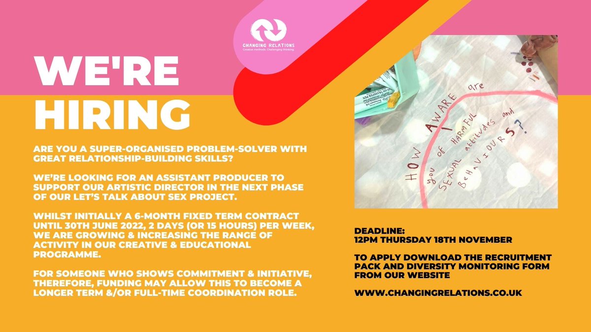 ChangeRelations's tweet photo. Did you see? We're looking for an ASSISTANT PRODUCER for the next stage of our project #LetsTalkAboutSex
For more information on the role & how to apply, please go to: https://t.co/tFa5wi95GH #LTAS #ChangingRelations
Please retweet this opportunity for others to see 🐦 https://t.co/kQ96tcdLoO