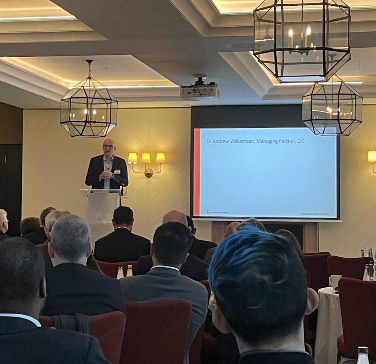 Monday morning kicking off with <a href="/awilliam100/">Andrew Williamson</a> on behalf of <a href="/cic_vc/">Cambridge Innovation Capital</a>, at the  #GCVSymposium in Cambridge 👍🏻