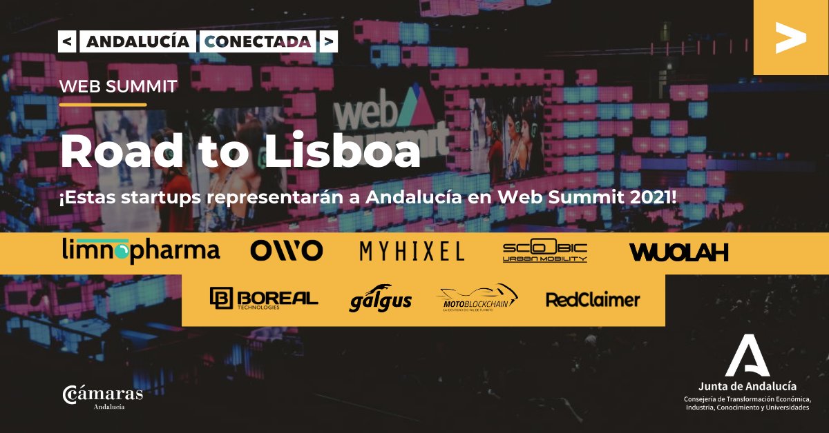 StartupAnd_'s tweet photo. 🔛¡Hoy arranca @WebSummit!

🌍La conferencia de tecnología más grande del mundo

😍Una cita en la #Andalucía estará representada por 9 #startups

⭐️@MYHIXEL_ES | #Limnopharma | @EcoScoobic | @Wuolah | @owogameofficial 

💥@galgus_ | @Motoblockchain | @RedClaimer | #BorealTech https://t.co/657bbP1S1B