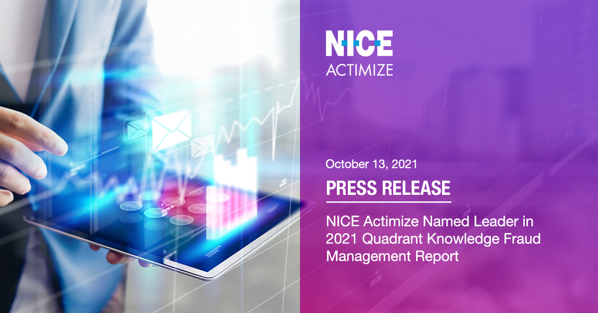 NICE Actimize has been positioned as overall leader in the 2021 Quadrant Knowledge Solutions Enterprise Fraud Management Report for the third consecutive year. 

Read more > okt.to/1Ywnbf

#NICEactimize #EMF #SPARKMatrix