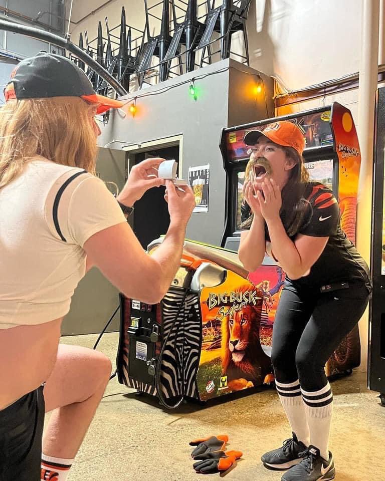 The @bengals may have lost, but I came out of the weekend with a win. I said YES! 

I would never imagine my engagement to look like this. Me dressed as <a href="/ClarkHarris46/">Clark Harris</a> and Nick dressed as a BenGal 😂😂❤️💍 Disclaimer: I pulled off my mustache before laying one on him 😘