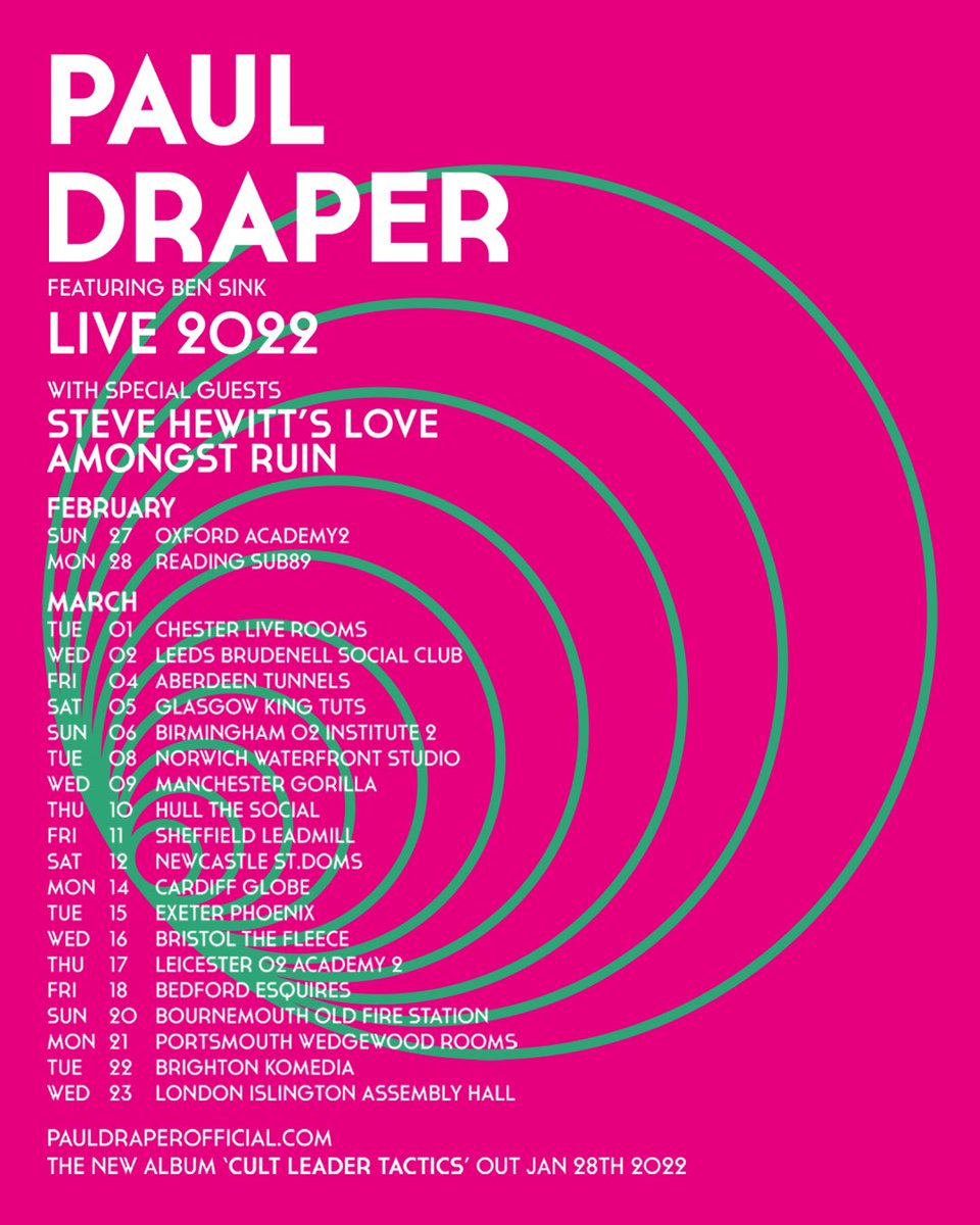 PaulDraper's tweet photo. UK TOUR TICKETS ON SALE NOW! 
Click link below to purchase Paul’s new album &amp; receive exclusive promo code for up to 4 tour tickets. General sale starts Friday 10am. Special guest appearance from @PLACEBOWORLD legend Steve Hewitt, click link for tickets - 
https://t.co/gBWdEwv8DV https://t.co/7Q6DXWHhDN