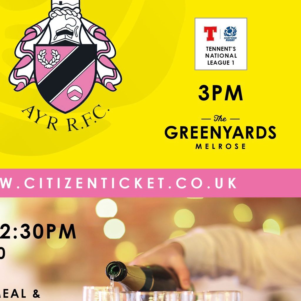 This Saturday, 6th November is our annual Ladies Day.

3 course meal, bubbles on arrival and music from the Dukin Murphys . 

To book simply buy @Citizen_Ticket or email rugby@melroserugby.org.

Melrose Rugby 1XV v <a href="/OfficialAyrRFC/">Ayr RFC</a> 
3pm KO - Greenyards
#ladiesday
#blackandyellow