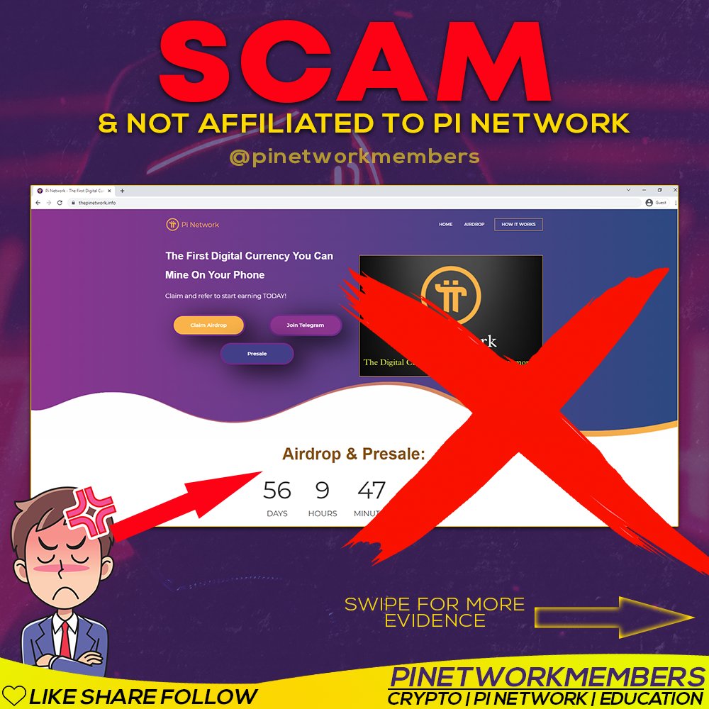 pinetworkmember's tweet photo. 😡 SCAM 😡

❌ RETWEET ❌

The last few days a link is circulating in the Pi Community from an unofficial page that claims to offer a Pi airdrop and presale. The scammers copied the whole Pi page in hope that the scam will be more effective.

#pinetwork #buildpi2gether https://t.co/G7m7q43ZM2