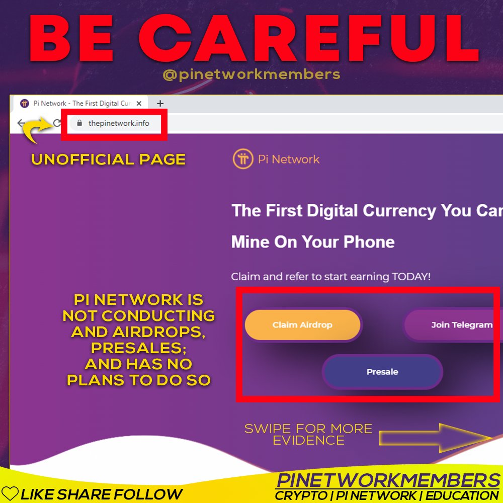 pinetworkmember's tweet photo. 😡 SCAM 😡

❌ RETWEET ❌

The last few days a link is circulating in the Pi Community from an unofficial page that claims to offer a Pi airdrop and presale. The scammers copied the whole Pi page in hope that the scam will be more effective.

#pinetwork #buildpi2gether https://t.co/G7m7q43ZM2