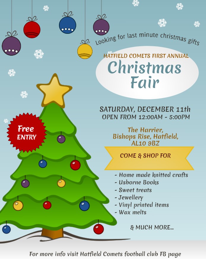 mazzaadrok's tweet photo. Hatfield Comets FC are holding their 1st annual Christmas Fayre.
December 11th @ The Harrier, Bishops rise, Hatfield, AL10 9BZ
Pop along for some Christmas shopping from our amazing stalls. https://t.co/KtAc3No8Xg