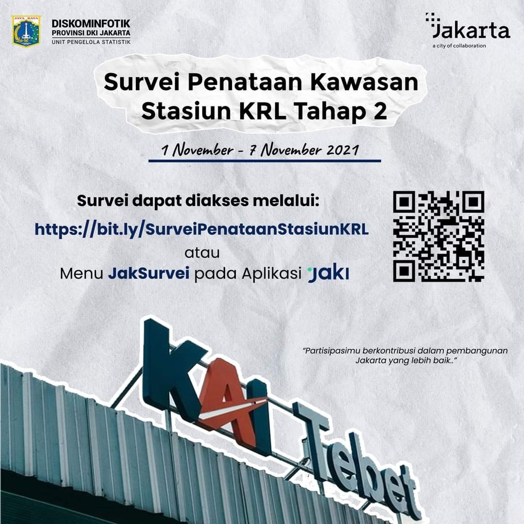 DKIJakarta's tweet photo. Halo, Warga Jabodetabek! 

Kami ingin tahu pendapatmu terkait Penataan Kawasan Stasiun KRL Tahap 2.

Klik tautan ini untuk berpartisipasi https://t.co/TUgmxXMdUj atau melalui JakSurvei pada aplikasi Jaki.

#KotaKolaborasi #MITJ #JakLingko #penataankawasanstasiun #StatistikJakarta https://t.co/Ie7t1sUnaj