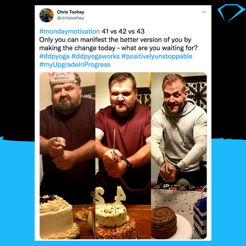 DDPYoga's tweet photo. Happy belated Birthday to #DDPYWARRIOR, Chris! 💎 🎂 💥
What a way to document your progress, bro! You are PROVING that #DDPYworks! Getting younger and healthier, aging in reverse!
#FountainofYouth #HappyBirthday #PositivelyUnstoppable https://t.co/AG6kBz3FEs