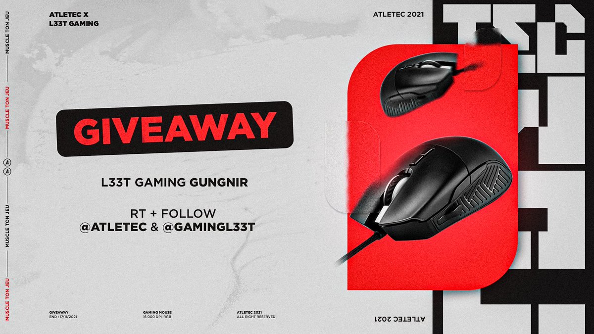 🎁 Pour lancer ce mois de novembre et continuer à muscler ton jeu, tente de remporter la souris #Gungnir de L33T Gaming ! 🖱🎯

🔁 RT le #Concours
💟 Follow <a href="/Atletec/">Atletec</a> &amp; <a href="/GamingL33t/">L33T-Gaming</a>