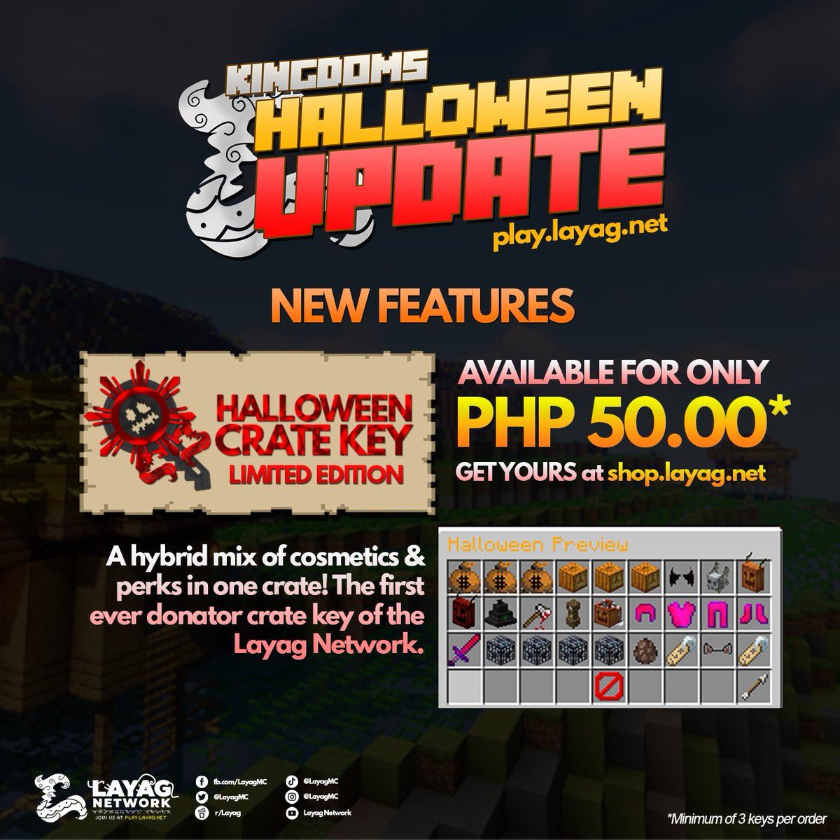 LayagMC's tweet photo. The HALLOWEEN UPDATE is live on @LayagMC!

Featuring the HALLOWEEN CRATE KEY - the November Event Key available at https://t.co/wgjUrZLhRU

Join us at https://t.co/NusjifSgZd and start your #LayagLegacy now!

#Minecraft https://t.co/x0x1gPKWdW