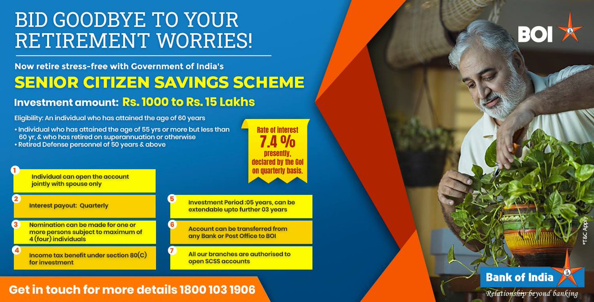 BankofIndia_IN's tweet photo. Government of India - Senior Citizen Savings Scheme offers the ideal benefits to take away your retirement worries!

Now you can enjoy your retirement stress free with Bank of India!

For more details, call u on 1800 103 1906 or visit https://t.co/agP615f3Au https://t.co/XRxqiAV1JY