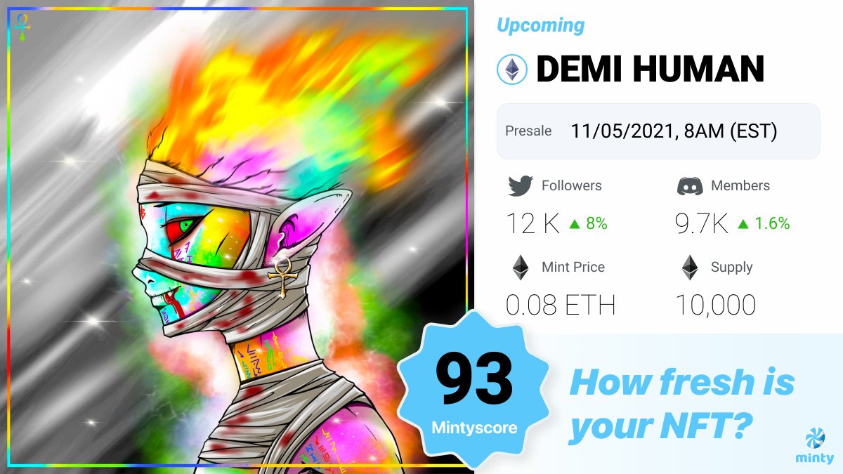 mintyscore's tweet photo. 🎉20 Winners are selected in 24hr🎉
To celebrate the great launch on Nov. 5th, DEMI HUMAN offers 20 WL spots for Minty member
1️⃣Follow @DemihumanNft &amp; @mintyscore
2️⃣upvote DEMI HUMAN on https://t.co/2c0NsIq7Os
3️⃣RT &amp; tag 3 friends

⏳24hr

Good luck!
Mint: https://t.co/ZSWuZpaPP1 https://t.co/Cid2J8HgY8