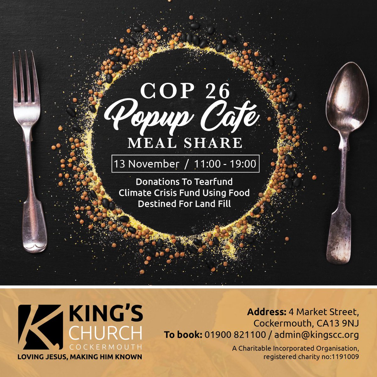 KCCockermouth's tweet photo. King's Church is having a Cop26 PopUp Cafe on the this Saturday from 11am - 7pm at the Hub using food which would otherwise go to landfill. 
We would love to see you there, to book, call: 01900 821100 or email admin@kingscc.org https://t.co/98KInBySPB