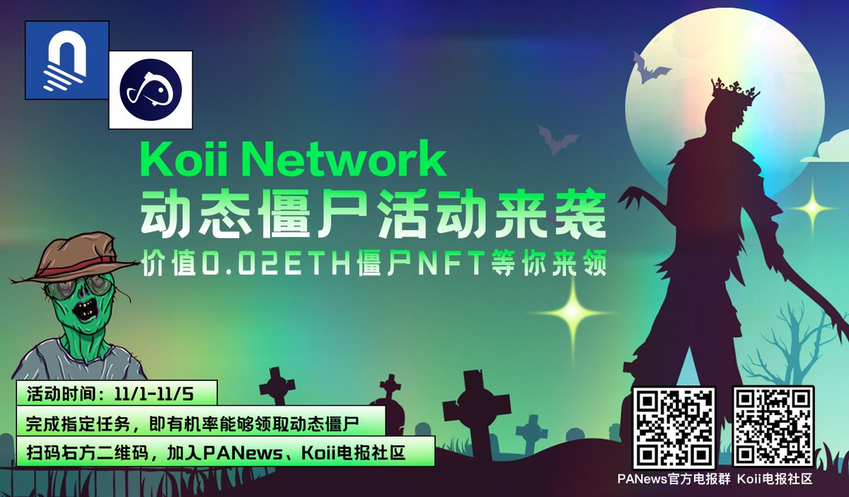 完成任务并填写表单，抽奖独一无二的动态僵尸NFT

任务规则：
1.点赞+转发本条推文并带上您对 <a href="/KoiiNetwork/">Koii 🎏</a> 的祝福
2.加入Koii官方社群 t.me/Koii_China 
3.加入PANews官方社群 t.me/PANewsLab 
4.安装Finnie Wallet（教程：bihu.com/article/111587…）
表单：jinshuju.net/f/gTf8F3