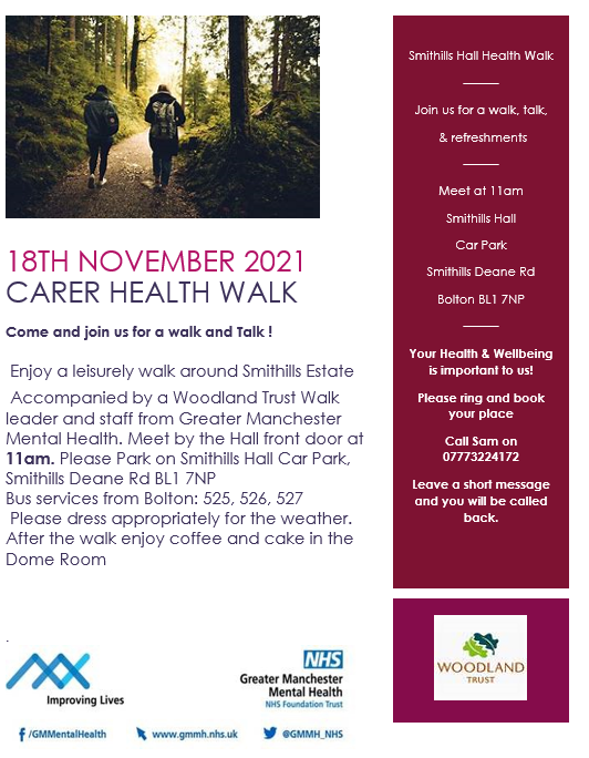 If living in the Bolton area please see below for details of our regular <a href="/GMMH_NHS/">Greater Manchester Mental Health</a> Carer Health Walks!

Enjoy a lovely scenic walk, meet other carers and share a cake or two 🥮

#TogetherGMMH

#ThinkCarer