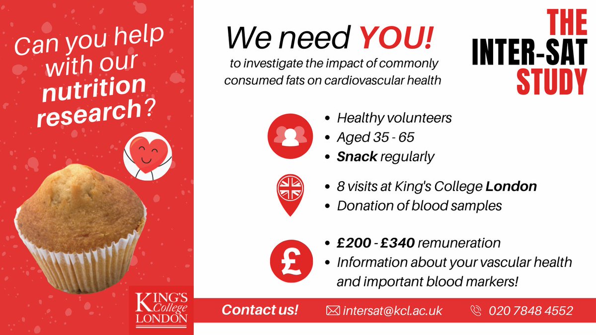 Alice Creedon (@creedon_alice) on Twitter photo We are recruiting healthy volunteers for our nutrition research study <a href="/KingsCollegeLon/">King's College London</a>!
Are you:
✅ Aged 35-65
✅ A regular snacker
✅ Available for a 16-wk randomised controlled trial at KCL Waterloo campus
If so get in touch! Details👇
<a href="/saraheeberry/">Sarah Berry</a> We are recruiting healthy volunteers for our nutrition research study <a href="/KingsCollegeLon/">King's College London</a>!
Are you:
✅ Aged 35-65
✅ A regular snacker
✅ Available for a 16-wk randomised controlled trial at KCL Waterloo campus
If so get in touch! Details👇
<a href="/saraheeberry/">Sarah Berry</a>