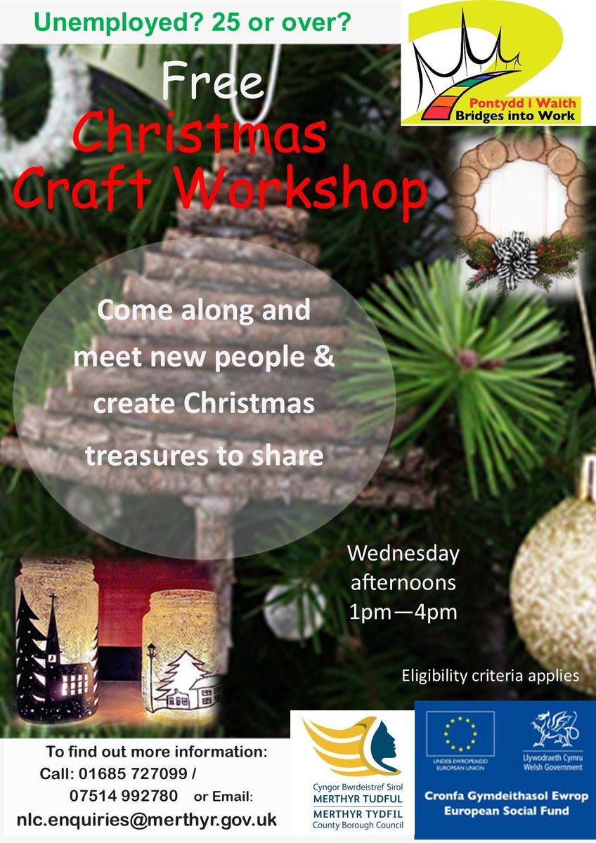 BridgesMerthyr's tweet photo. Don’t forget to book your place on our Christmas Craft workshops! Call 01685 727099 for more info #Christmas #merthyr #creative #Mindfulness https://t.co/VQx3MM6RD8