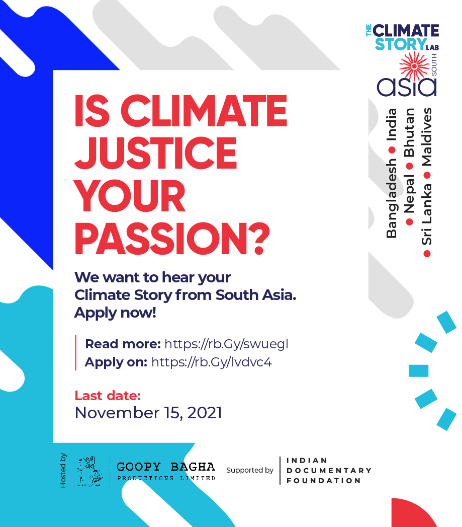 IndDocFdn's tweet photo. Are you a climate warrior?
Are you based in South Asia?
Does your art or organisation address climate change?
Then this forum is for you! 
Currently accepting proposals for the CSL-SA '22 program. APPLY BY NOVEMBER 15, 2021 ON THIS LINK: https://t.co/FOOuhLFnk5

#ClimateAction https://t.co/18t403ZuH7