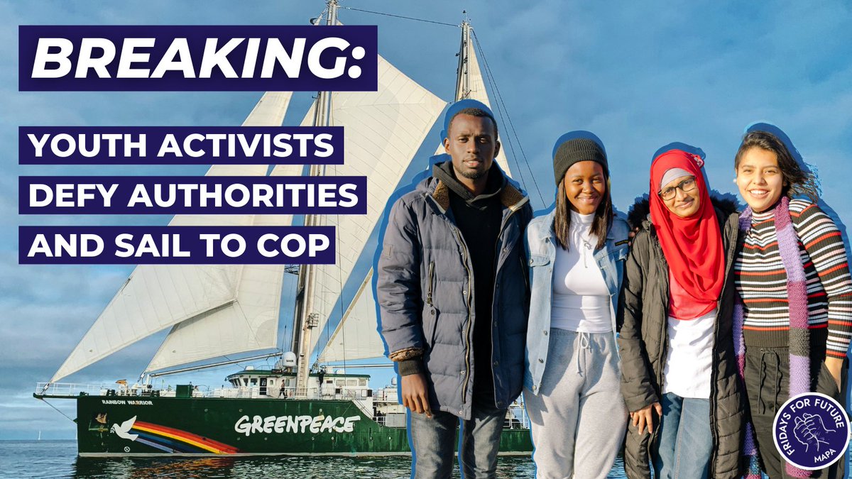GreenpeaceUK's tweet photo. 🚨BREAKING: Youth activists sailing to the UN climate summit on the Rainbow Warrior have ignored warnings from port authorities not to sail into Glasgow. #COP26

The activists represent millions of people most affected by the climate crisis - and they demand to be heard #MAPA https://t.co/2LDApeJswy