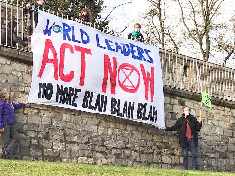 XR_York's tweet photo. ‼️As #COP26 begins in Glasgow our message to world leaders is simple: ACT NOW. NO MORE BLAH BLAH BLAH 🚫‼️ #NoMoreBlahBlahBlah #banner #COP26Glasgow #york #solidarity #ExtinctionRebellion @ExtinctionR https://t.co/GL7hOOFZXf