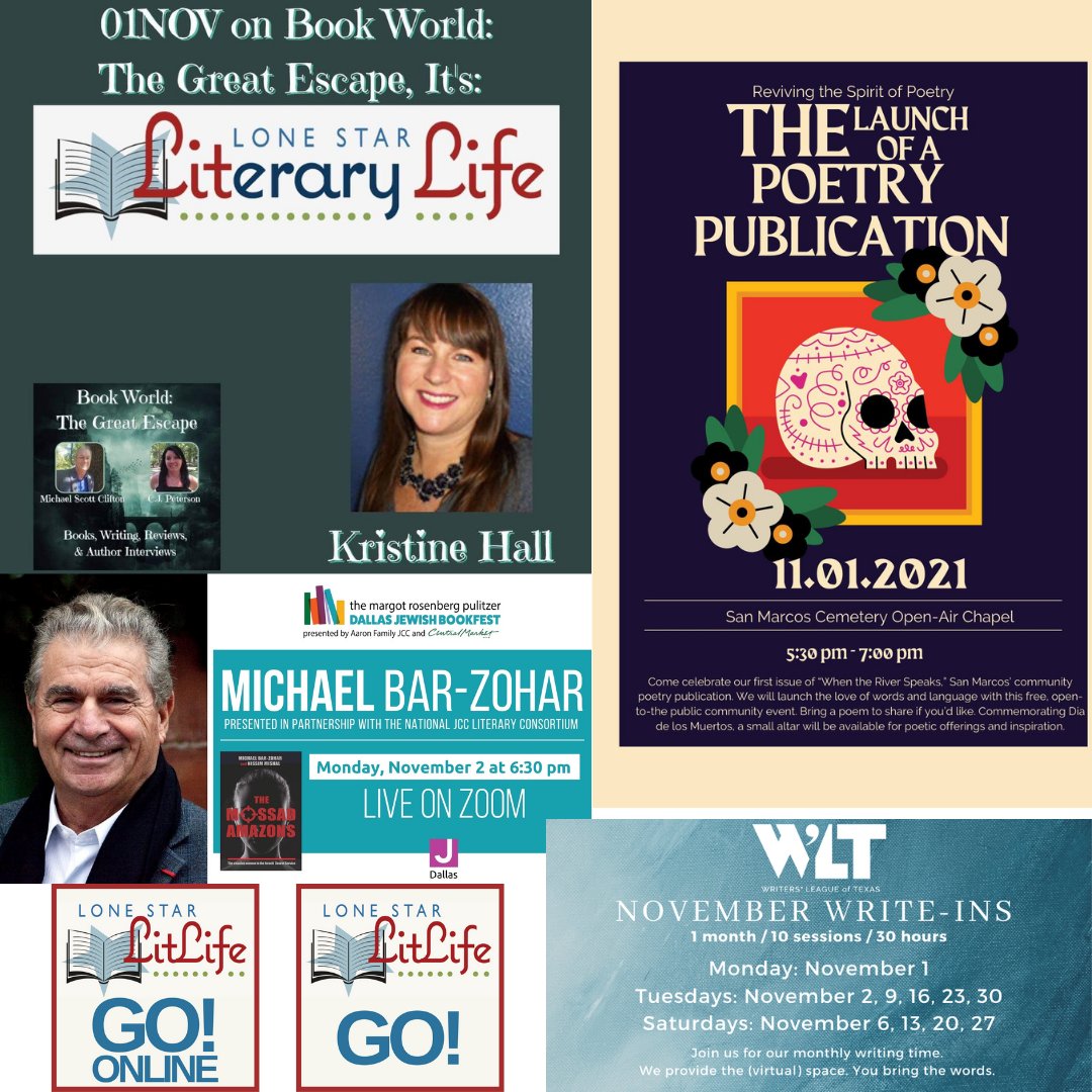 LoneStarLit's tweet photo. Your #BookishEvents Monday November 1, 2021. Link up on #LoneStarLit:
https://t.co/hBn9pleLuc
@BookWorldTGE @kristinethall @authormsclifton @authoress_cj @jccdallas @WritersLeague
#MeetTheAuthors #MichaelBarZohar #NewPoetry #LiteraryTexas https://t.co/ItMLSUwblq