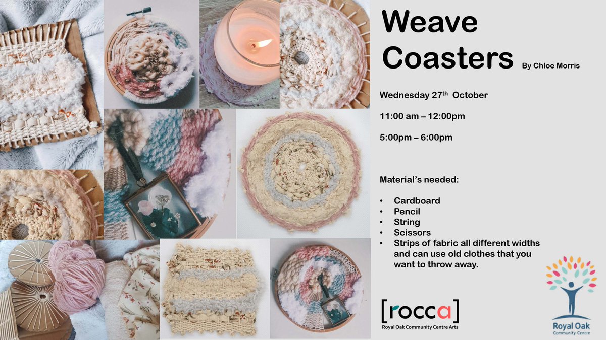 oak_community's tweet photo. Good morning! Our Documentary Photography workshop by Nalina is now available to watch on our website under Photography workshops, this as well as Chloe's Weave Coaster workshop which can be found under Embroidery workshops.#rocca https://t.co/eOrV049Gs1