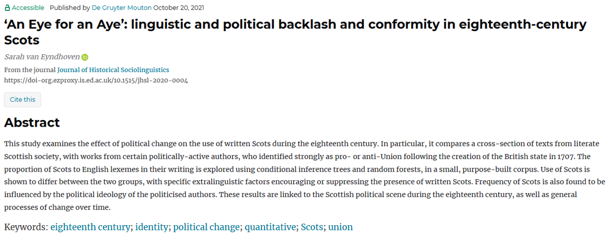 eyndhoven_sarah's tweet photo. Finally published! The first part of my research looking at use of Scots in writing by Scottish politicians during the Union debates of 1707, using statistical analyses😊 #Scots #historicalsociolinguistics #18thcentury https://t.co/BgZwCa3bX1