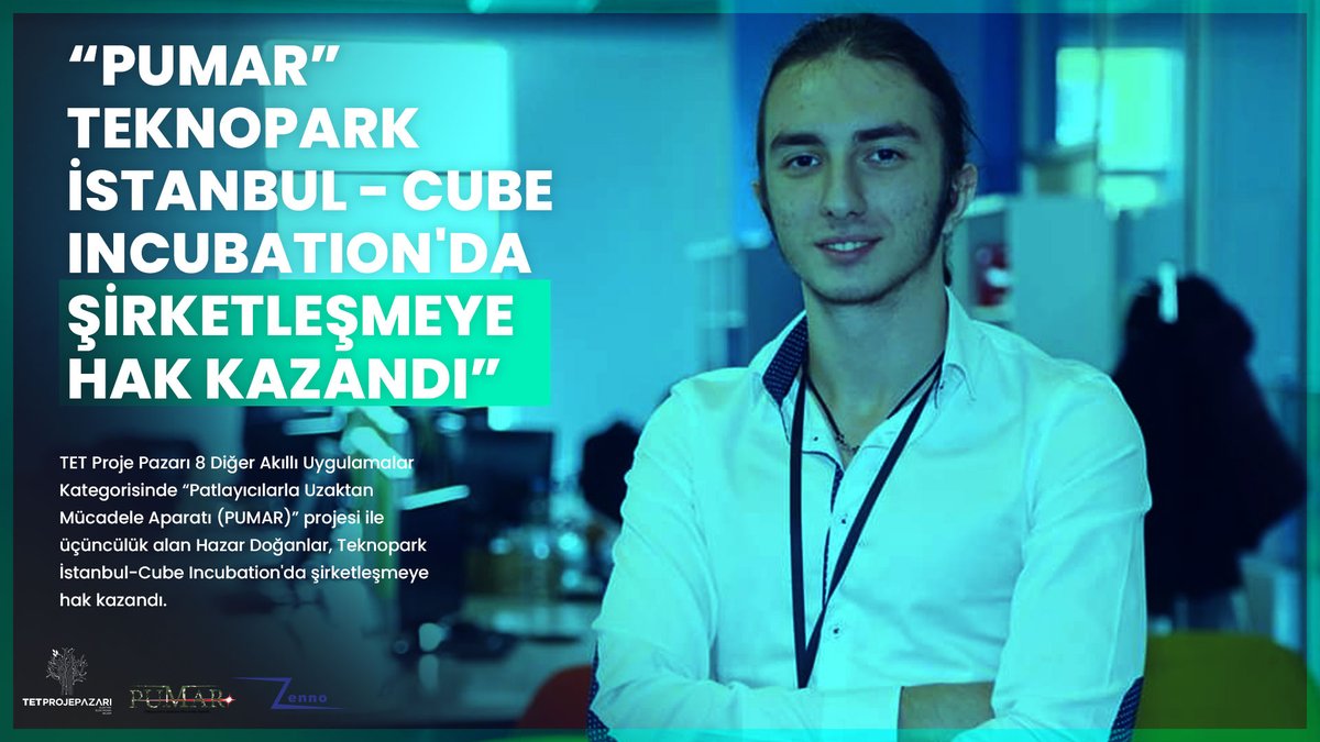 Diğer Akıllı Uygulamalar Kategorisinde üçüncülük ödülü alan Hazar Doğanlar’ın projesi PUMAR, Yıldız Teknopark ön kuluçkasında 2 dönemini tamamlamasının ardından 2021 Haziran ayında Teknopark İstanbul Cube Incubation’da şirketleşmeye hak kazandı 👏🏻
<a href="/HazarDoganlar/">Hazar Doğanlar</a>