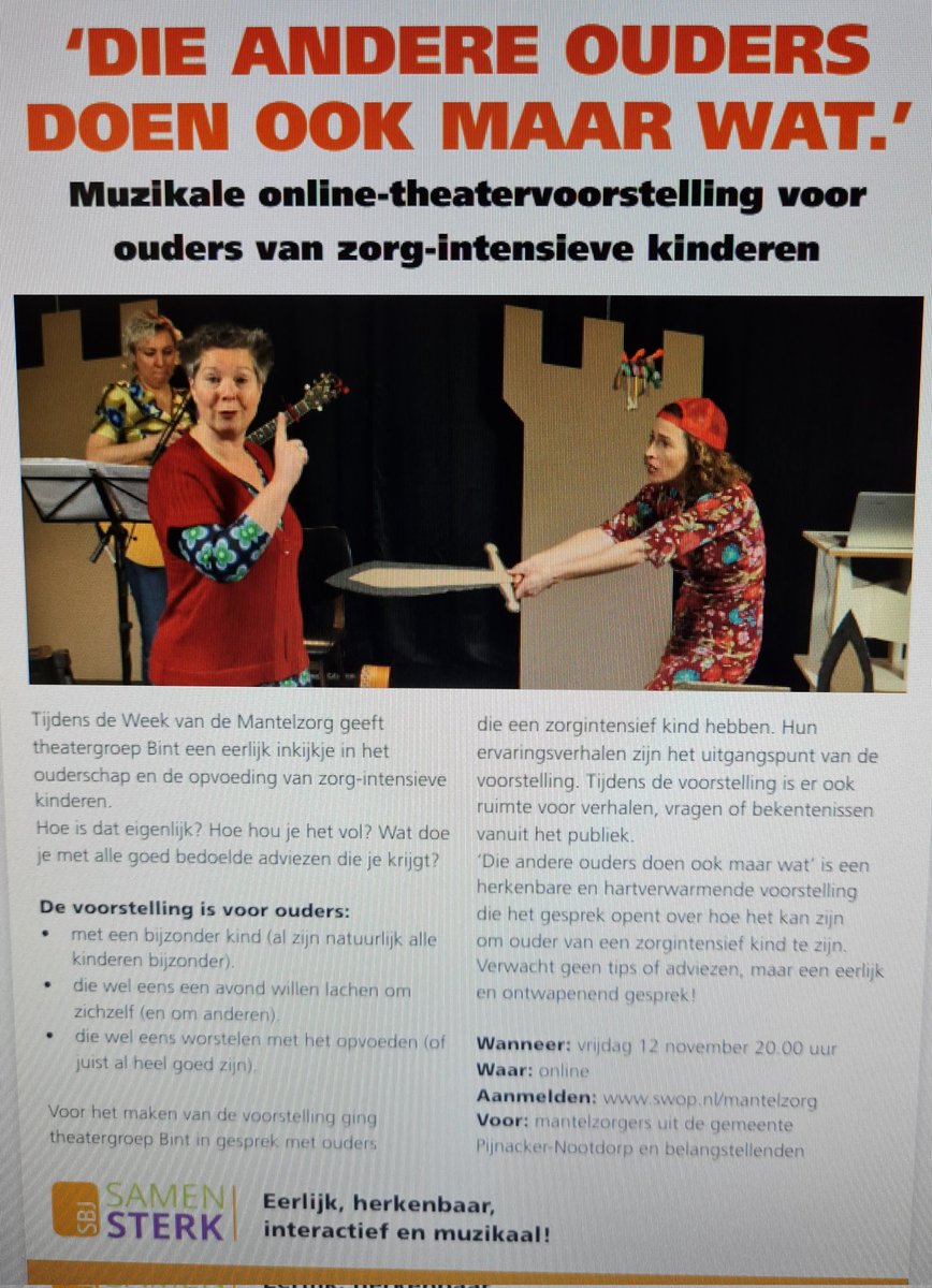 TgBint's tweet photo. Aanmelden voor onze online theatervoorstelling over Opvoeding van zorgintensieve kinferen kan via https://t.co/K623MbeZfL https://t.co/ZabEpQpGJl