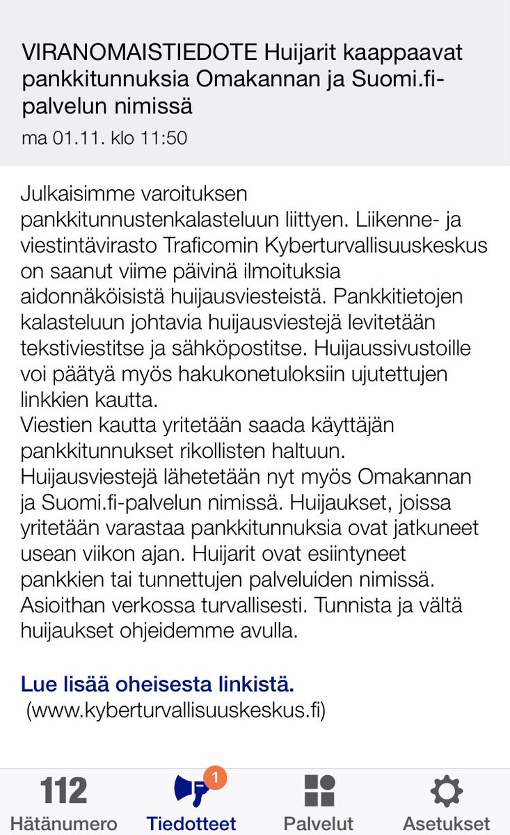 KirsiKarla's tweet photo. Ensimmäinen viranomaistiedote kyberhäiriöstä @112_Finland kautta on julkaistu. https://t.co/InkVLvWB4a