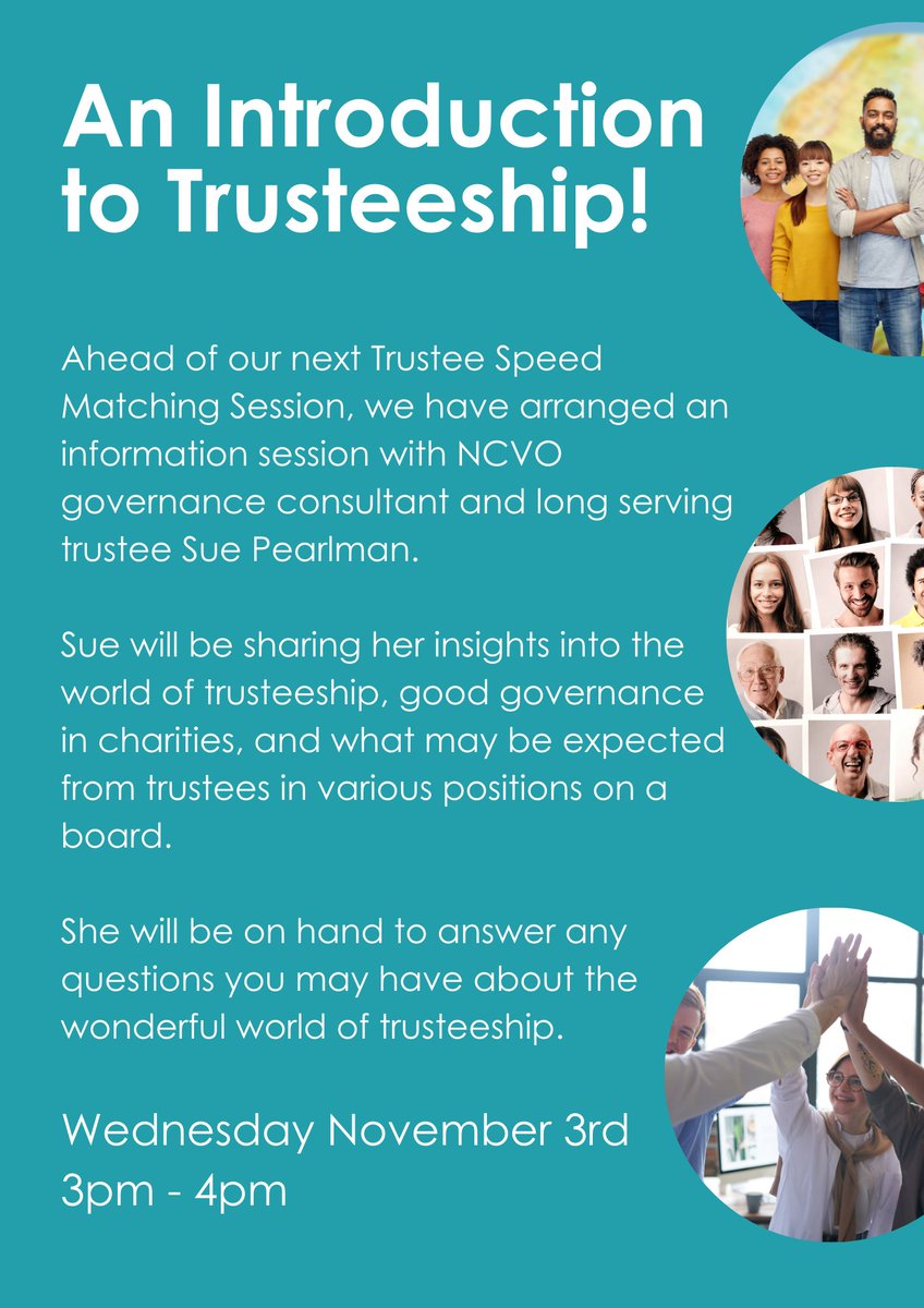 1stCommunities's tweet photo. This week is #TrusteesWeek! 

We are hosting an information session with @NCVO governance consultant and trustee Sue Pearlman, who will share insights into the exciting world of trusteeship.

Wednesday November 3rd - 3pm - 4pm
Register here: https://t.co/xzto1a4SDO https://t.co/L9yr3qcAoY