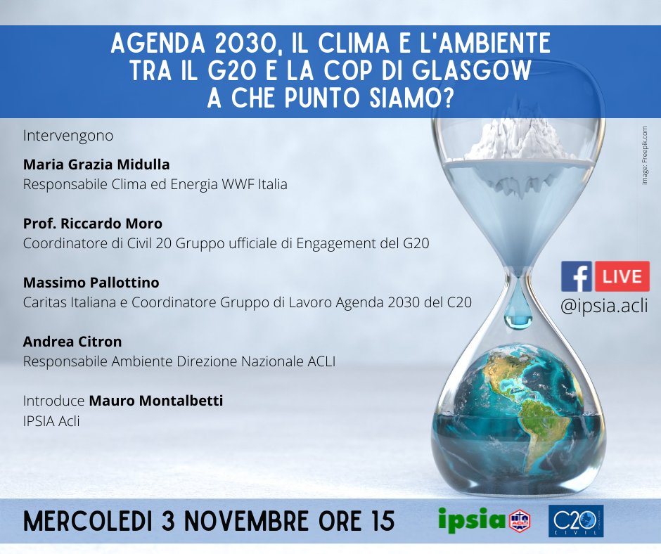 ipsia_acli's tweet photo. Condividendo le prime reazioni post #G20,si registra che il #G20RomeSummit,ha ascoltato e preso atto delle posizioni di Cina India Russia e concordato sulle evidenze scientifiche del #climatechange.Ora #COP26 a #Glasgow.
Ne parliamo il 3.11 ore 15 https://t.co/FilGZoD7QQ https://t.co/odo0Z2PmRT