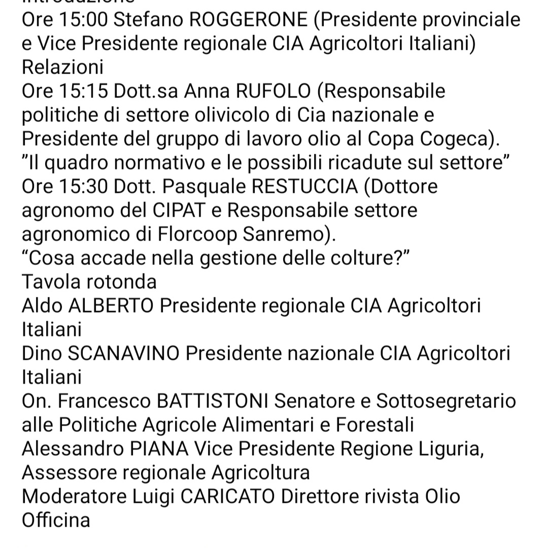#olioliva2021 @ ciaimperia
CONVEGNO  "il new green deal europeo ed il suo impatto sull’olivicoltura ligure"
#IMPERIA
Auditorium <a href="/CCIAARIVLIG/">CCIAA RIVLIG</a>
 6 novembre 2021
Ore 15:00
@Mipaaf_ <a href="/RegLiguria/">Regione Liguria</a> <a href="/LiguriaCia/">Cia Liguria</a> <a href="/Cia_Agricoltura/">Cia-Agricoltori Italiani</a> <a href="/RoggeroClaudio/">claudio roggero</a> <a href="/OlioOfficina/">Olio Officina</a> <a href="/frabattistoni/">Francesco Battistoni</a>