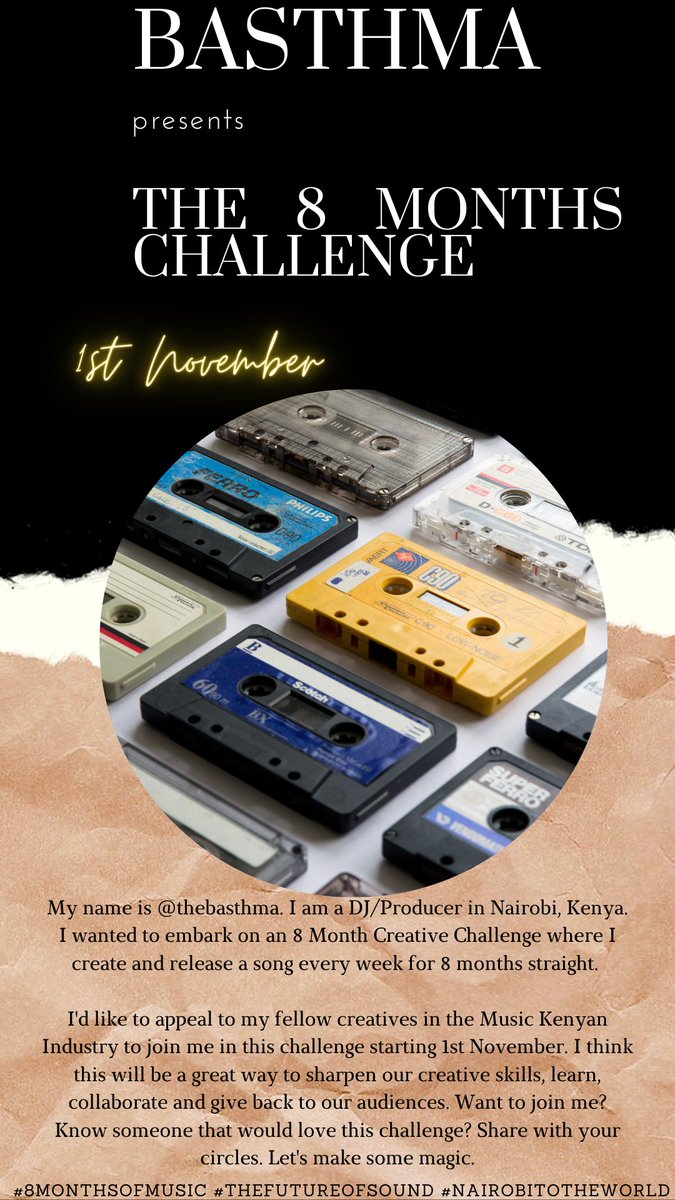 thebasthma's tweet photo. Are you ready for this Kenya? ♥️ The time is now.
Would you love to join me in this challenge?
Share, RT and let's make some mad tunes ♥️
#8MonthsofMusic #Nairobitotheworld #thefutureofsound #supportkenyancreatives #8MonthsChallenge https://t.co/uvi006AgFd
