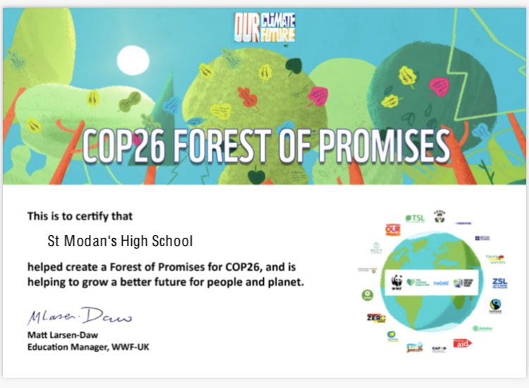 Thank you to <a href="/wwf_uk/">WWF UK</a> for sharing our certificate today for the work our faculty has been doing with S1 to create our Forest of Promises. #COP26