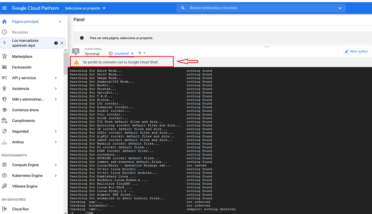 allciber's tweet photo. Que raro, cuando a #googlecloud le instalamos #chkrootkit para ver si hay algo extraño, en nada nos desconecta la sesión y automáticamente el script chkrootkit desaparece 🤔 comentarios por favor. demos luz. #rootkit #ciberseguridad #google https://t.co/sByyF6rInJ