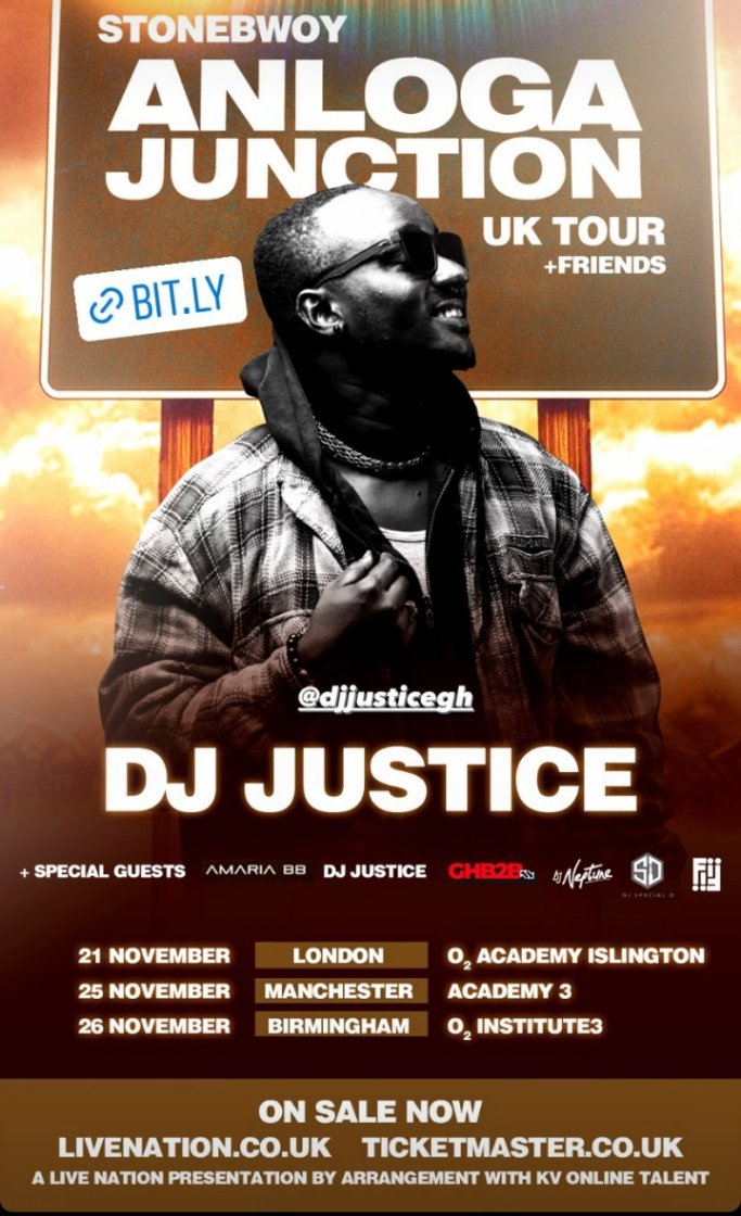 UK🇬🇧 Stonebwoy will be performing Live inside O2 Academy Islington - London on November 21, Academy 3 - Birmingham on November 25, and O2 Institute 3 - Manchester on November 26th with <a href="/amaria_b/">Ami Borman</a>, @DeejayNeptune, <a href="/djjusticegh/">DJ Justice</a>, <a href="/ghb2blive/">GHB2B</a> &amp; Special D as Guest Artists/DJs. #AJUKTOUR