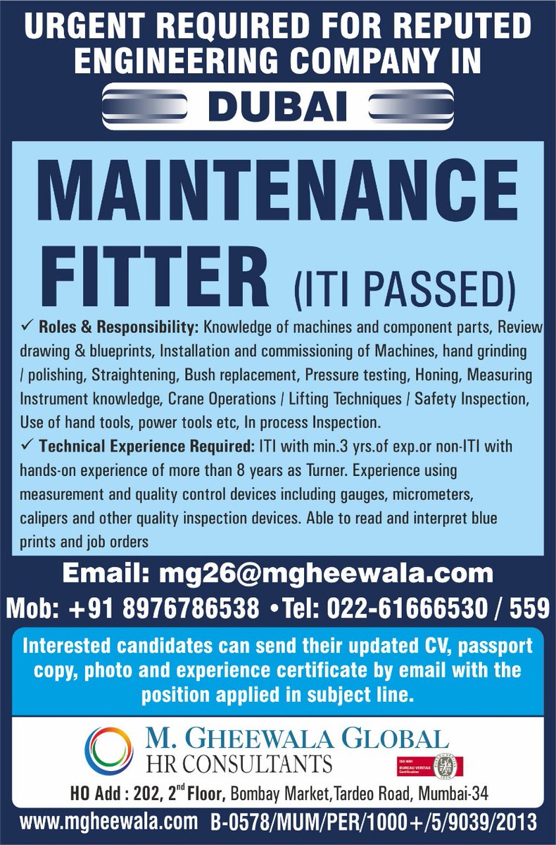 mgheewala_hrc's tweet photo. Job Vacancies in #Dubai   

Interested Candidates can send us the updated resume at mg26@mgheewala.com

Learn More
https://t.co/Ps4bxvjpD1
#uaejobs #jobseekers #jobsearch #jobopportunity #gulfjobs #gheewalajobs #maintenancefitter https://t.co/t4JtVHUCSb