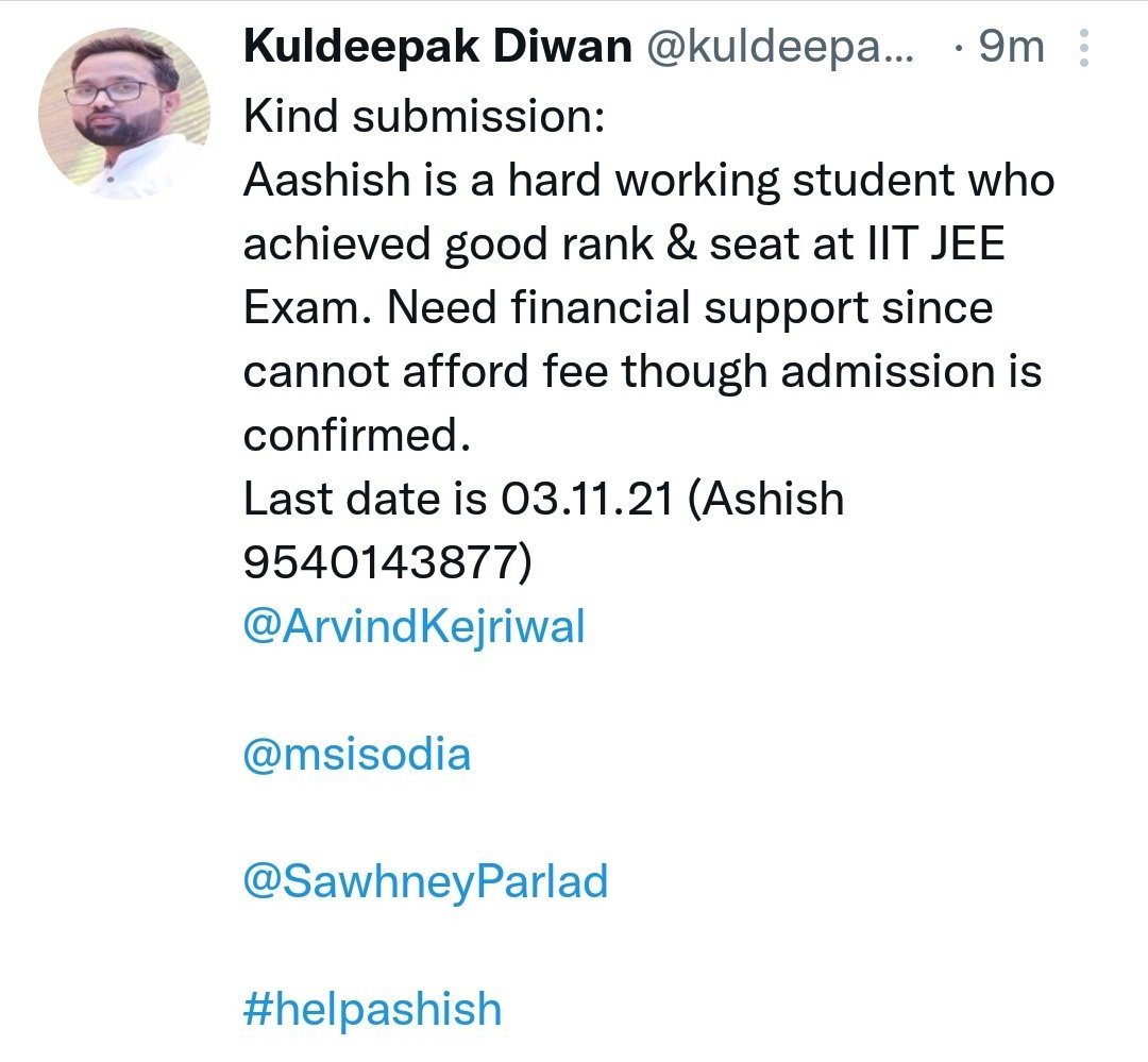 kuldeepakdiwan's tweet photo. @AamAadmiParty @ArvindKejriwal Best tirath yatra is to help hard working student he needs ur help
#helpashish https://t.co/qUYJMCbt0q