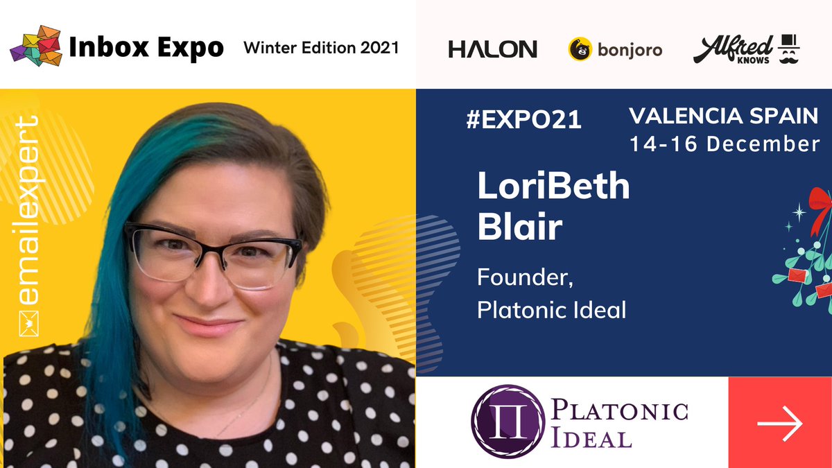 inboxexpo's tweet photo. 📣 Speaker Announcement: 🌟 LoriBeth Blair @lbblairTesting Founder at Platonic Ideal is joining us at #InboxExpo2021 in person in Valencia, Spain 💃 14-16 December 💌 #expo21 📮 Get your ticket here for in person or online https://t.co/4nyW5ZFxc6 https://t.co/yiREEOCoxx
