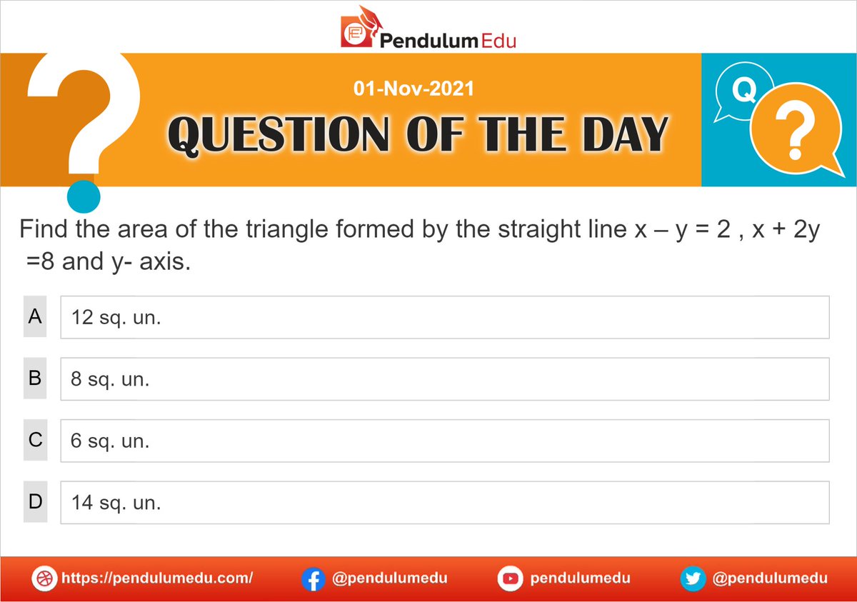 pendulumedu's tweet photo. Attempt this QOTD and know the explanation here - https://t.co/fhlHBDH07U
#coordinategeometry #quant #equationofline #areaoftriangle #upsccds #ssccgl #uppcs #tnpsc #appsc #mppsc #ssccgl #rrbntpc https://t.co/NpVQX03wCr