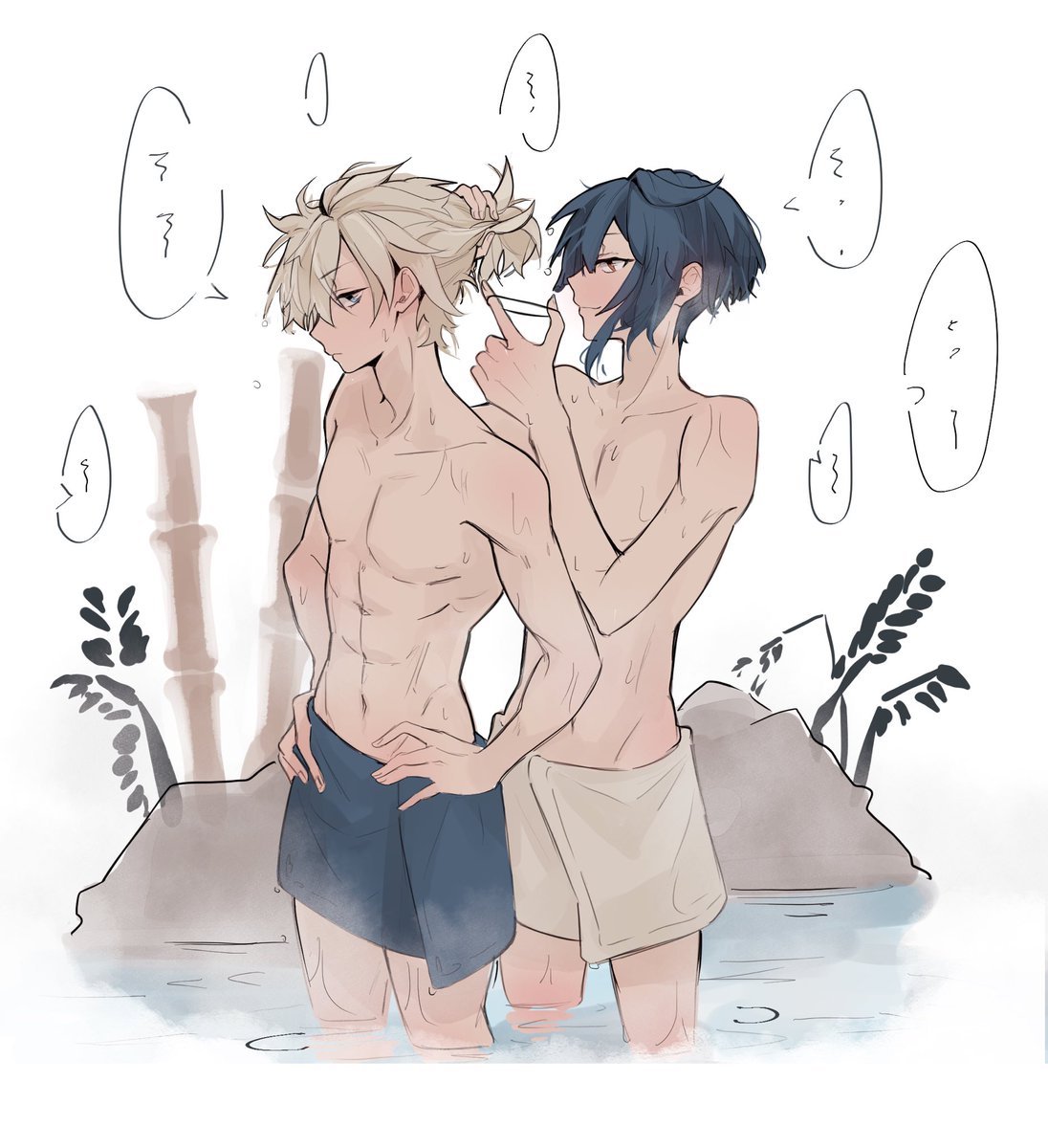 Sharing my headcanon that Albedo's and Xingqiu's favourite meeting spot for collaboration discussions are hot springs 🤭🤭

And Albedo's hair are so fluffy that no hair tie can hold them 🦁 