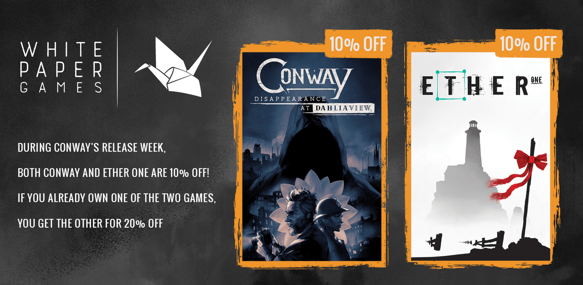WhitePaperGames's tweet photo. 🎀 To all our Ether One players, we want to thank you for supporting our work. 

From tomorrow (2nd Nov), with the release of Conway, if you already own Ether One, you'll get an extra 10% off on top of the 10% launch discount! https://t.co/7h1gCfOuhk
