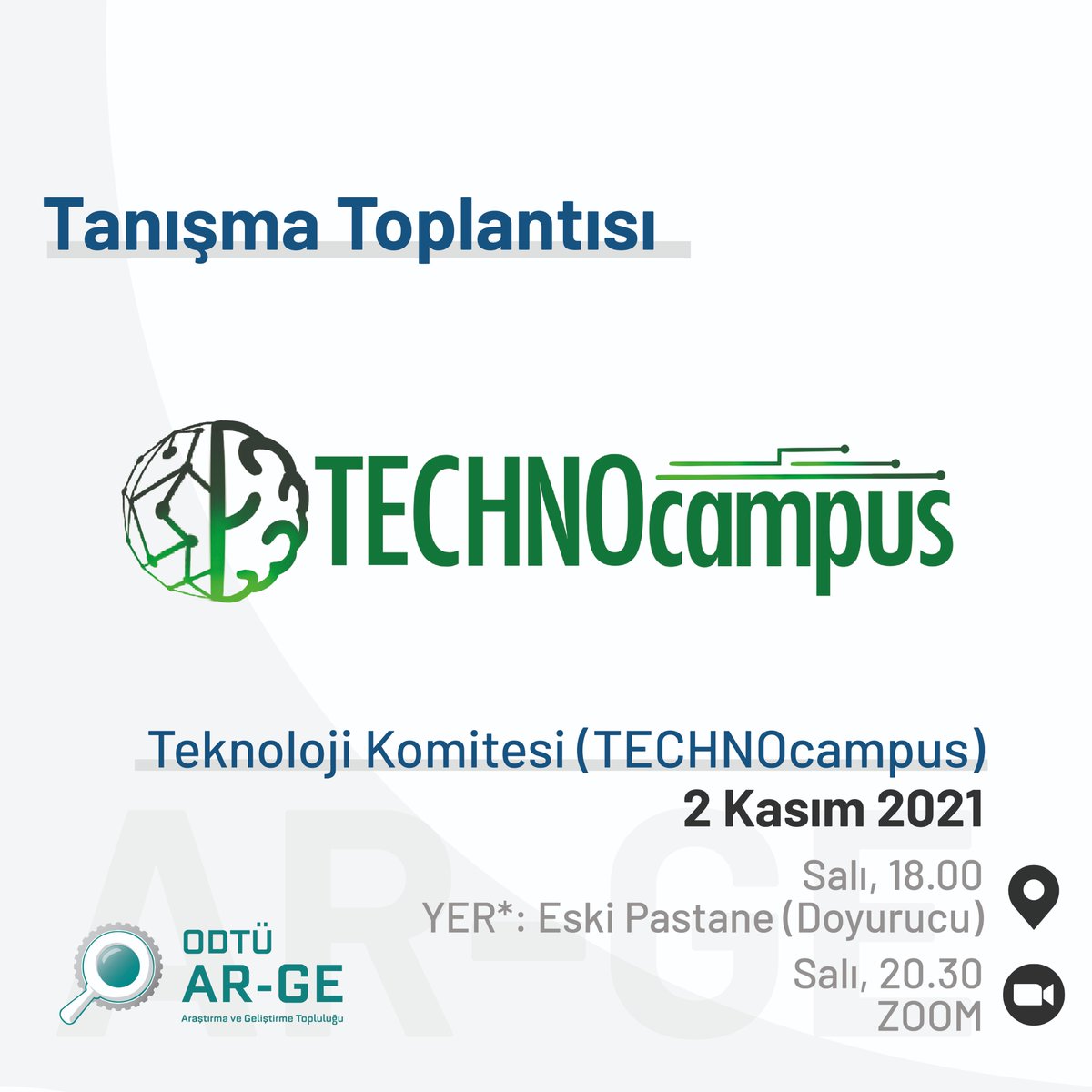 Bu yıl ilkini gerçekleştireceğimiz TechnoCampus etkinliğimizin bir parçası olmak, kendini geliştirmek ve deneyimler kazanmak istiyorsan seni 2 Kasım Salı günü 18.00’de Eski Pastane’de (Doyurucu) ardından da online olarak 20.30’da gerçekleşecek tanışma toplantımıza bekliyoruz! 💚