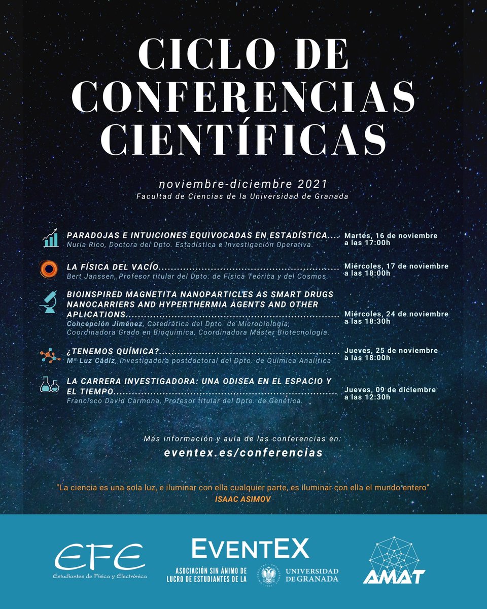 EventEX (@eventexgranada) on Twitter photo ¡Vuelve el Ciclo de Conferencias Científicas!
🗓 noviembre-diciembre 2021
📍 Facultad de Ciencias <a href="/fcienciasugr/">Facultad de Ciencias</a> - <a href="/CanalUGR/">Universidad Granada</a>
🆓️ Entrada libre hasta completar aforo
ℹ Más información: eventex.es/conferencias
#EventoCiencia #FacultadDeCiencias #DivulgaciónCientífica #Granada ¡Vuelve el Ciclo de Conferencias Científicas!
🗓 noviembre-diciembre 2021
📍 Facultad de Ciencias <a href="/fcienciasugr/">Facultad de Ciencias</a> - <a href="/CanalUGR/">Universidad Granada</a>
🆓️ Entrada libre hasta completar aforo
ℹ Más información: eventex.es/conferencias
#EventoCiencia #FacultadDeCiencias #DivulgaciónCientífica #Granada
