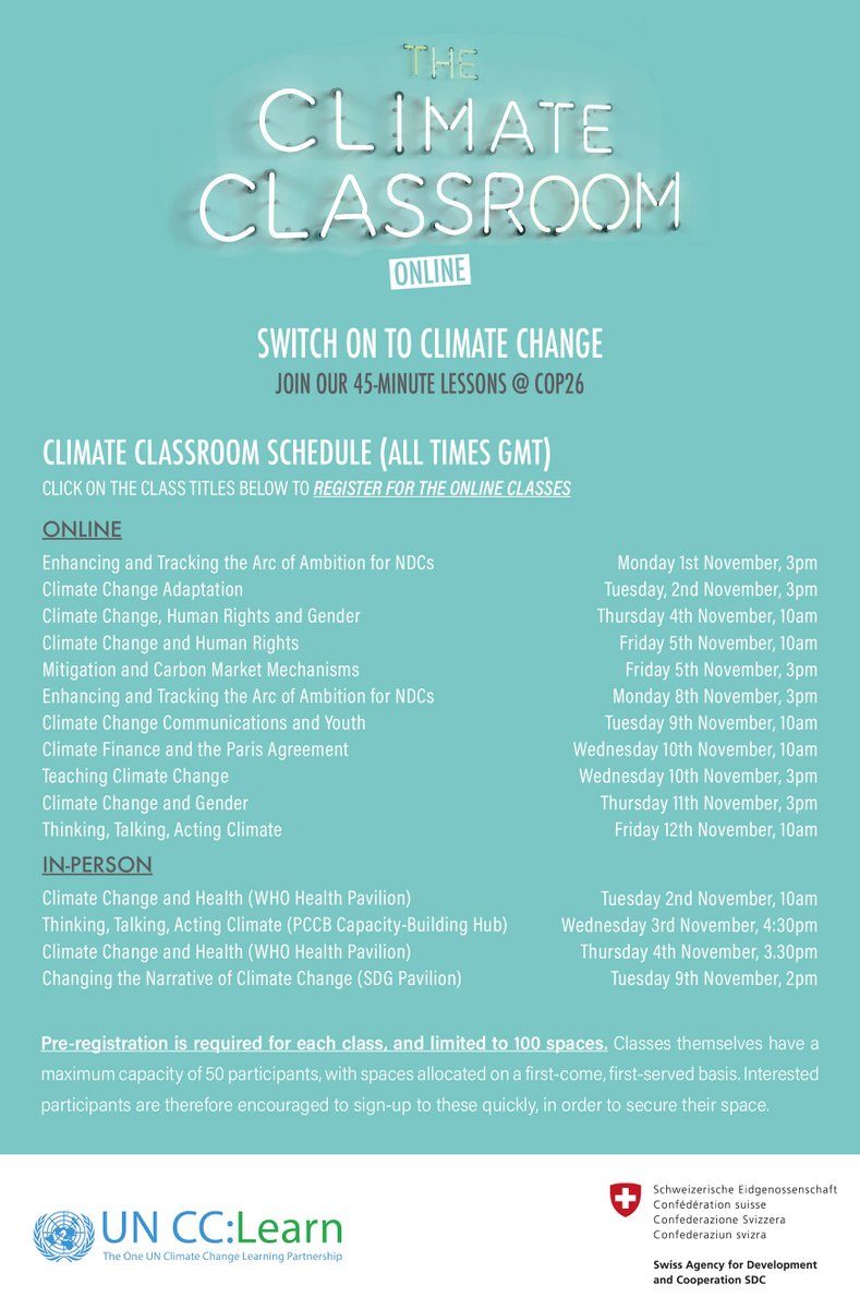 Starting today at #COP26 another edition of our #ClimateClassrooms: your espresso shot of #climate learning. 

Attending COP? Join one of our four in-person classes there. Full programme below.