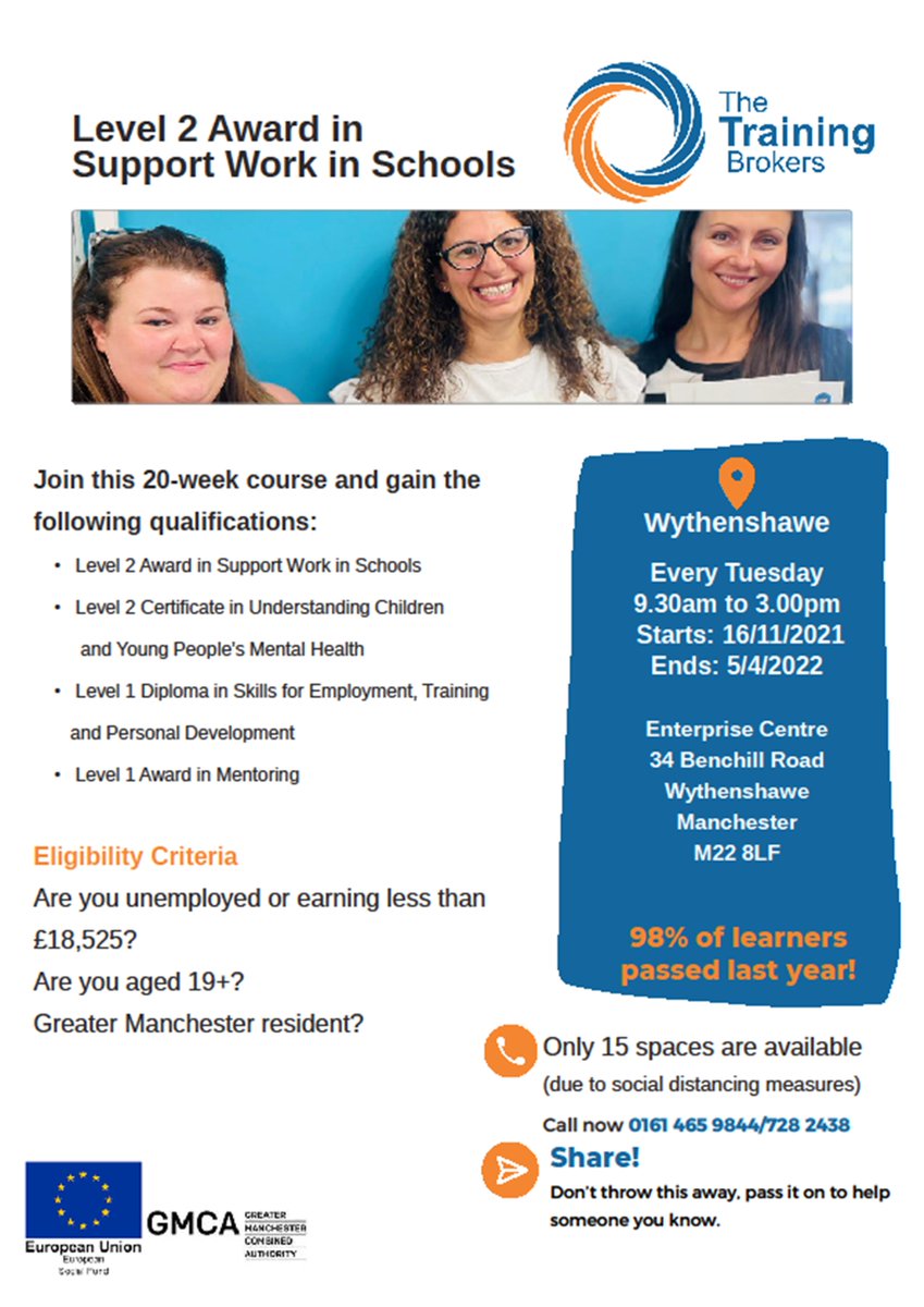 Are you interested in level 2 #award in #Support #Work in #Schools with <a href="/TTBMCR/">The Training Brokers</a> - see the advert below for more details #learning #newcareer