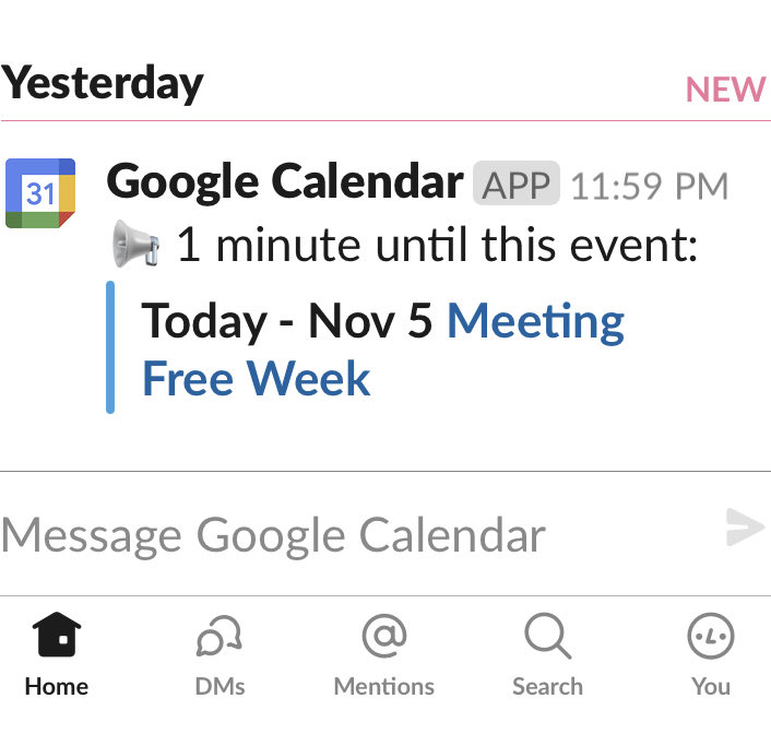 HeidiRehm's tweet photo. I enjoyed my calendar alert this morning. Excited for the start of #MeetingFreeWeek I got my usual 40 hrs of scheduled meetings down to 4 hrs - let the writing begin! https://t.co/ASvGQozupp
